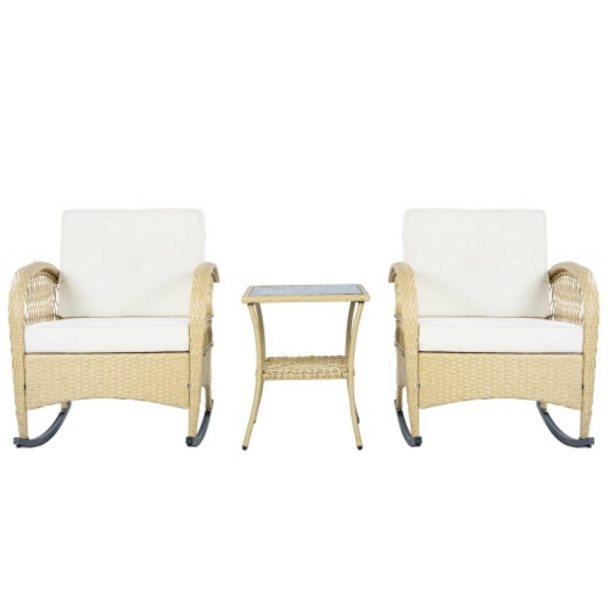 BALKONSET 3-tlg,BISTRO SET,PE-Rattan Schaukelstuhl,für 2 Personen,Weiß - Weiß, Metall - LVHOM