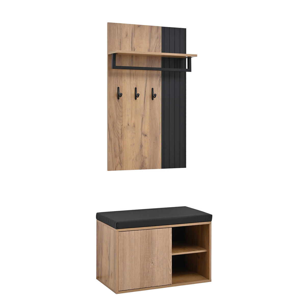 FLURSCHRANK mit Schuhbank 70 x 36 x 146 cm Spanplatte Schwarz/Natur - Schwarz, Holzwerkstoff (36/146/70cm) - Beauniv