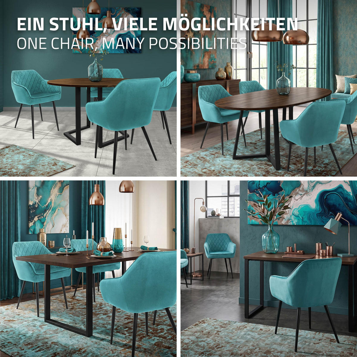 ESSZIMMERSTUHL 2er Set Petrol Samt - Türkis/Schwarz, Textil/Metall (60/80/63cm) - ML-DESIGN