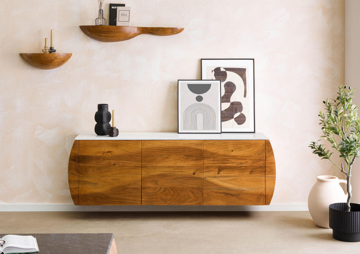 SIDEBOARD Akazie 184x40x75 natur lackiert / Marmor weiß MONTREAL #128 - Braun, Holz (184/75/40cm) - Massivmoebel24