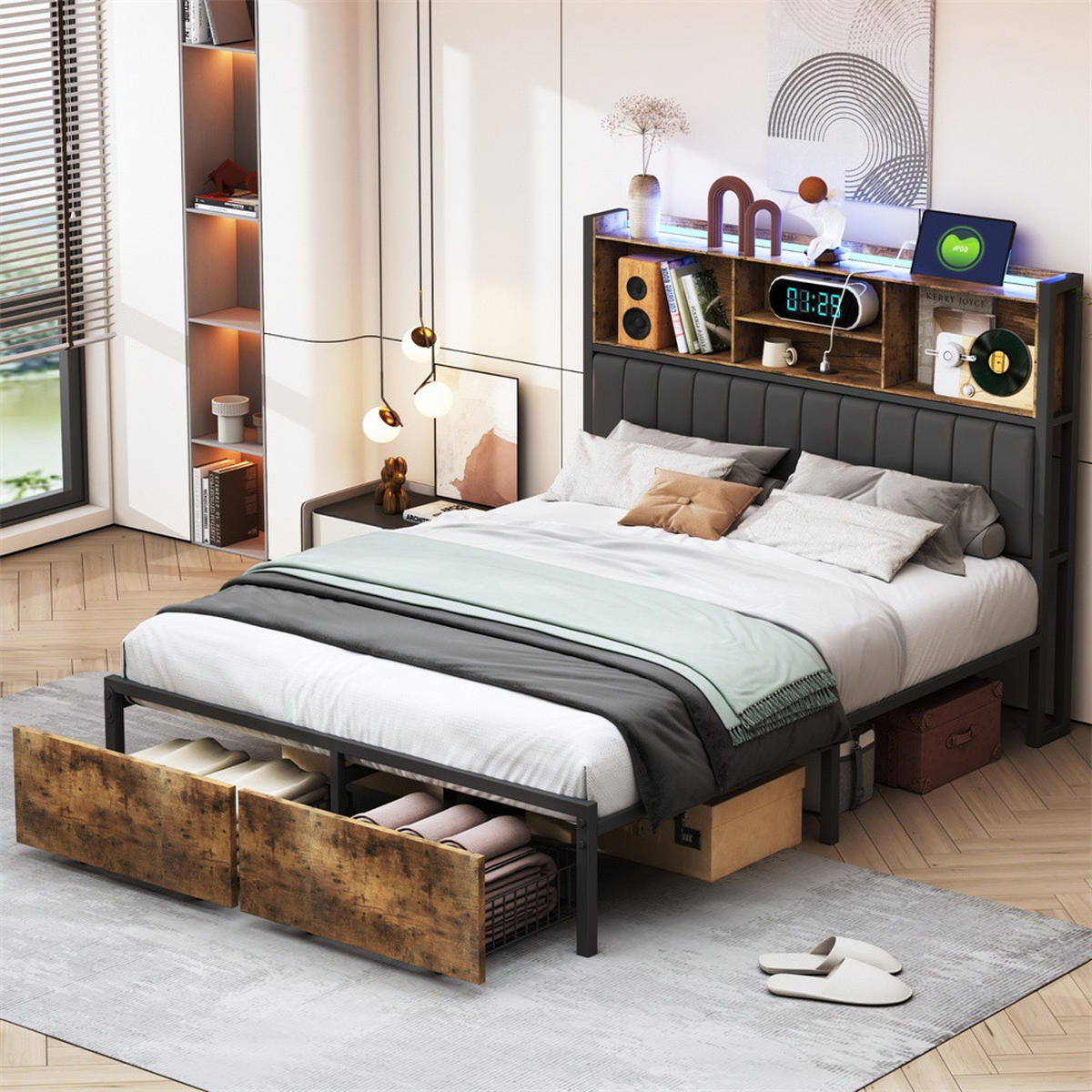 METALLBETT 160 x 200 cm mit 2 Schubladen - Kopfteil-Ablage mit LED-Beleuchtung und USB-Anschlüsse - Braun-Schwarz - Braun, Metall (160/200cm) - DELFA