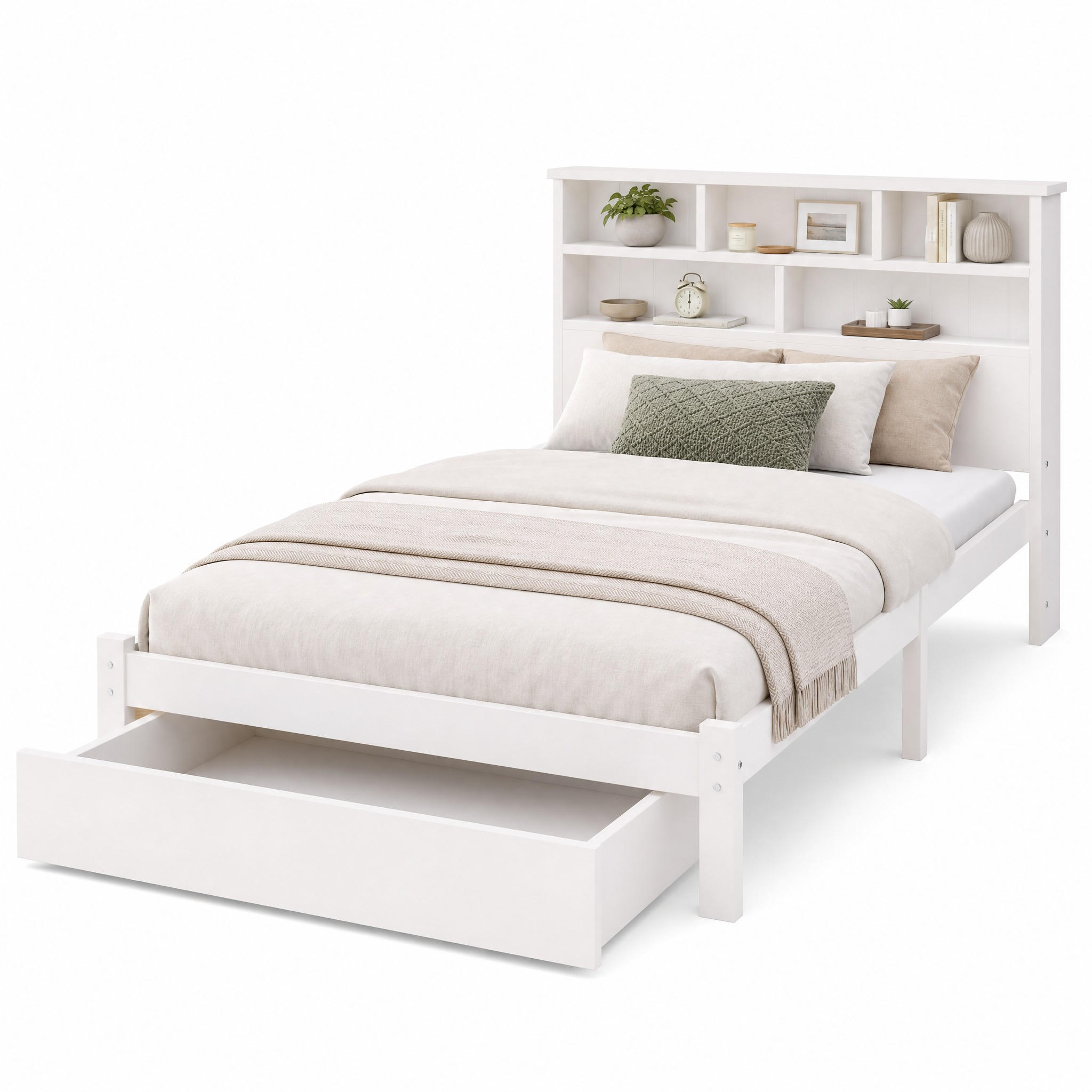 BETT 90/200 cm in Weiß mit Schubladen und Regal Bücherregal-Design - Beige/Weiß, Holzwerkstoff (90/200cm) - STILVORA