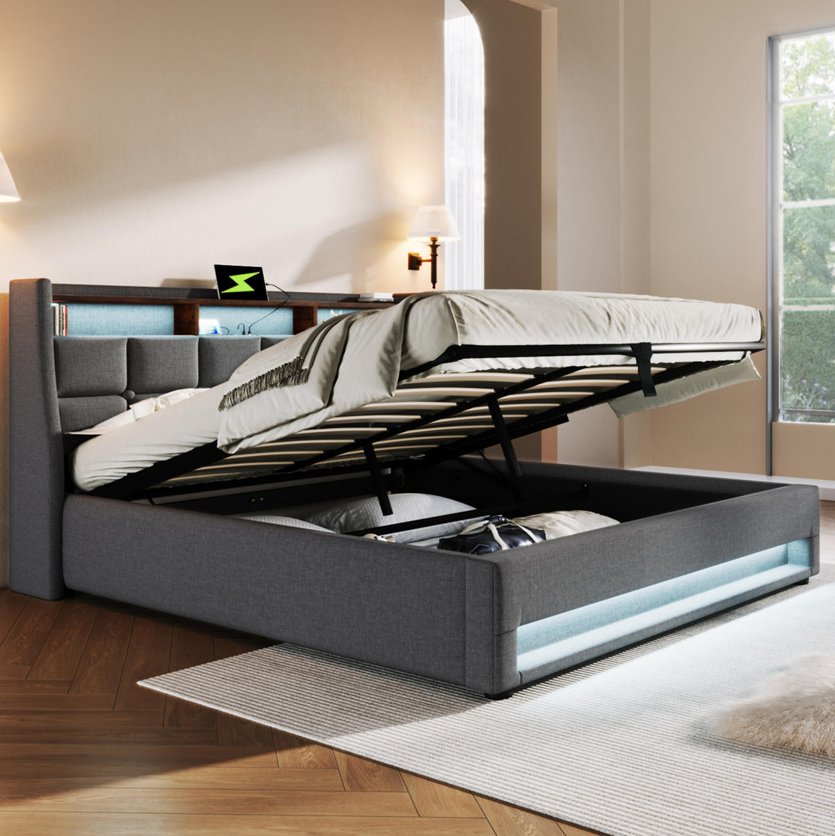 POLSTERBETT 140/200 cm Grau aus Leinen mit LED und USB - Grau, Textil (140/200cm) - OKMYHOME