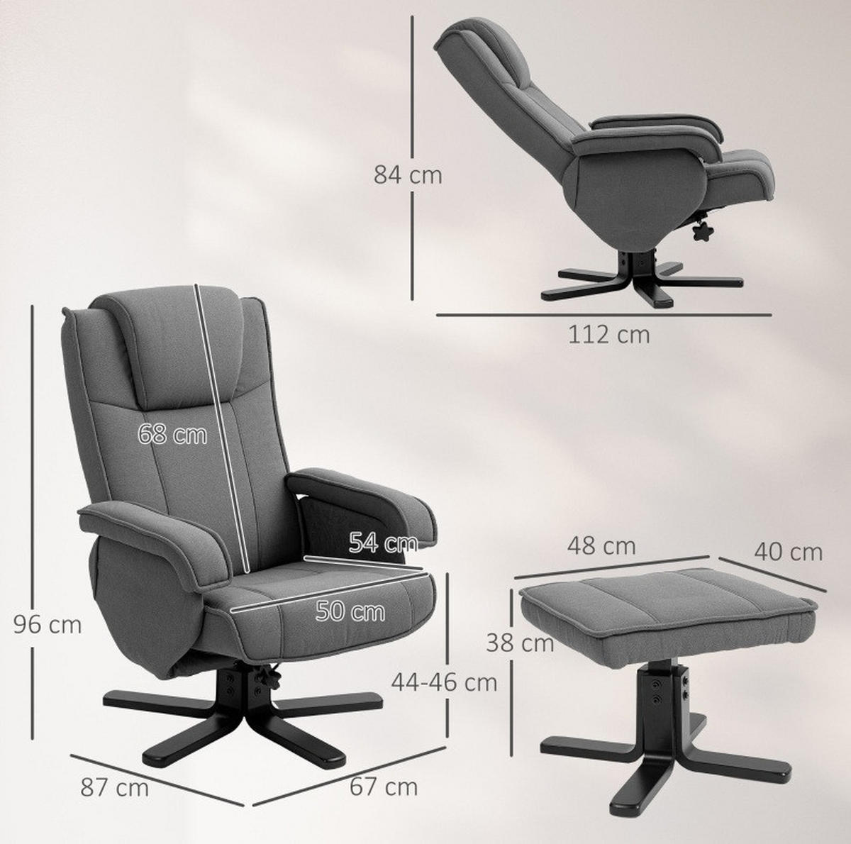 RELA/AČNÉ kreslo s podnožkou 67/87/96 cm tmavosivé, 360° otočné s hojdacou funkciou - tmavosivá, textil (67/96/87cm) - BEAOK