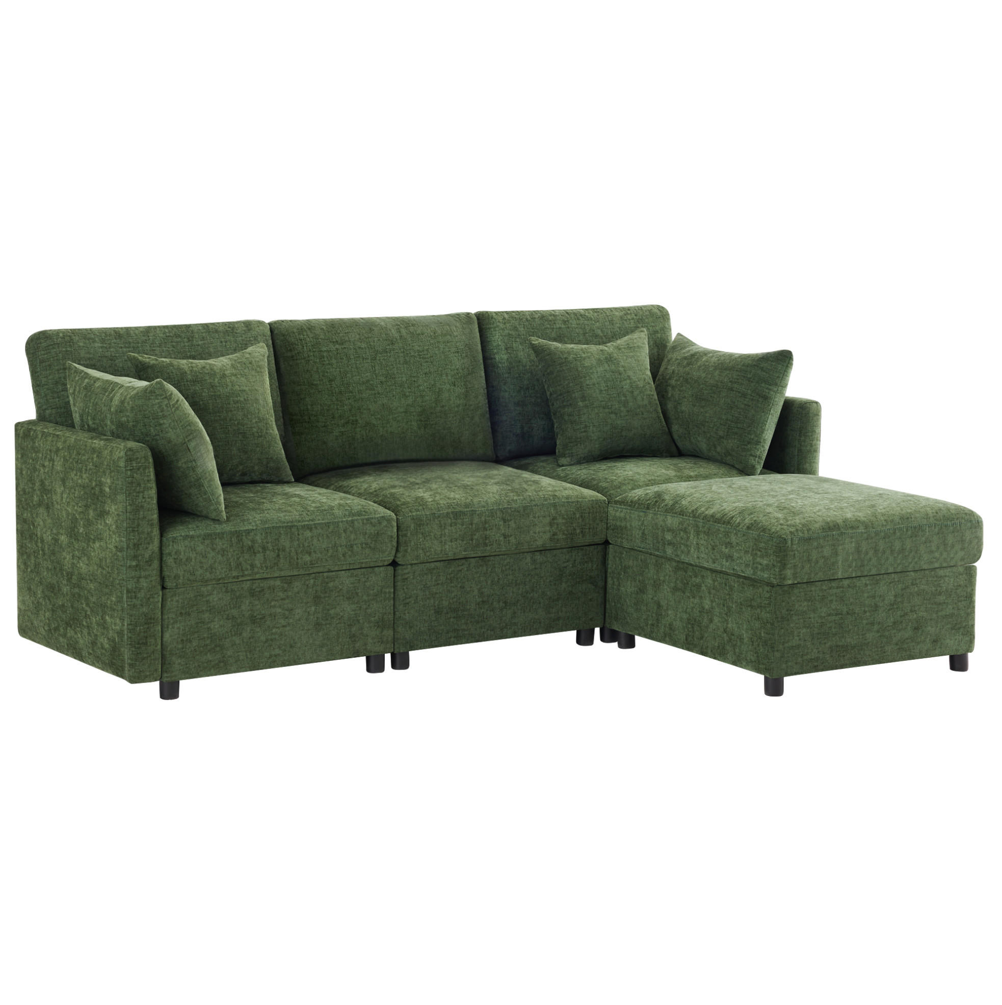 ECKSOFA 216/161/81 cm modular mit beweglichem Hocker und 4 Kissen aus Chenille, Grün - Grün, Textil (216/161cm) - Redom