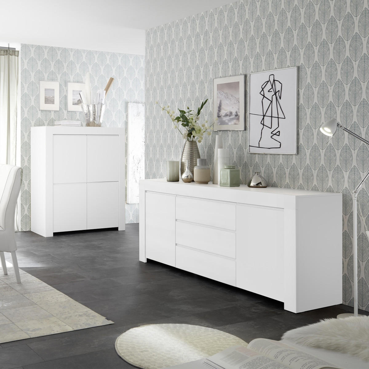 HIGHBOARD mit 4 Türen H140 cm - Firenze - Weiß, Holzwerkstoff (110/140/42cm) - Calicosy