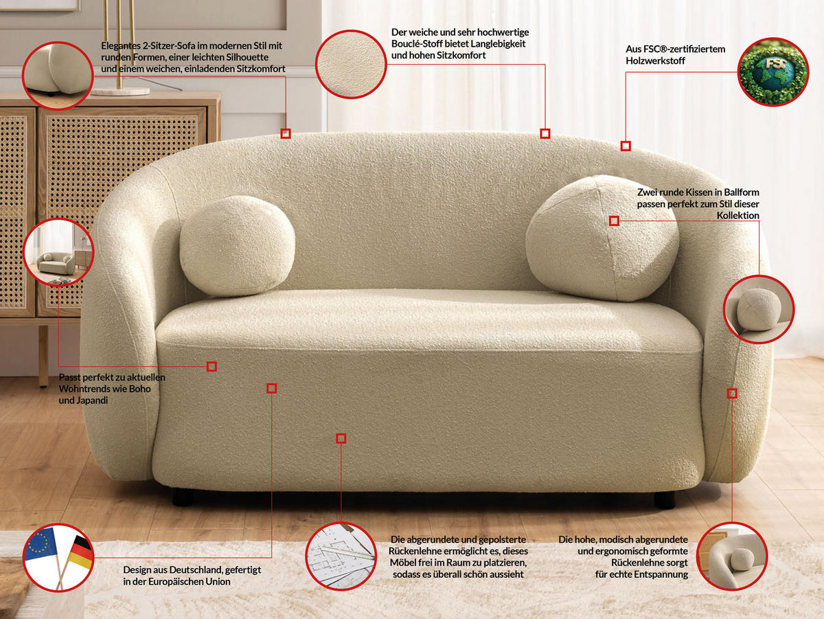 SITZGARNITUR 2+1 Roundi Beige Bouclé - Beige/Schwarz, Holz/Kunststoff (150/76/80cm) - S-Style Möbel