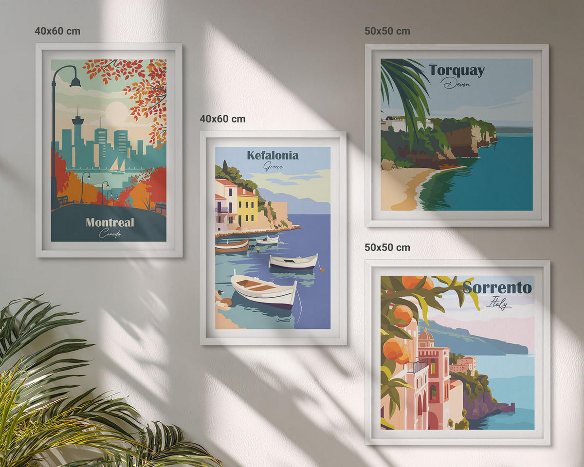 BILDER SET 4er Set - 50x50 cm & 40x60 cm Weißer Rahmen - Retro-Ansichten von Städten auf der ganzen Welt - Weiß, Kunststoff (50/50cm) - TULUP