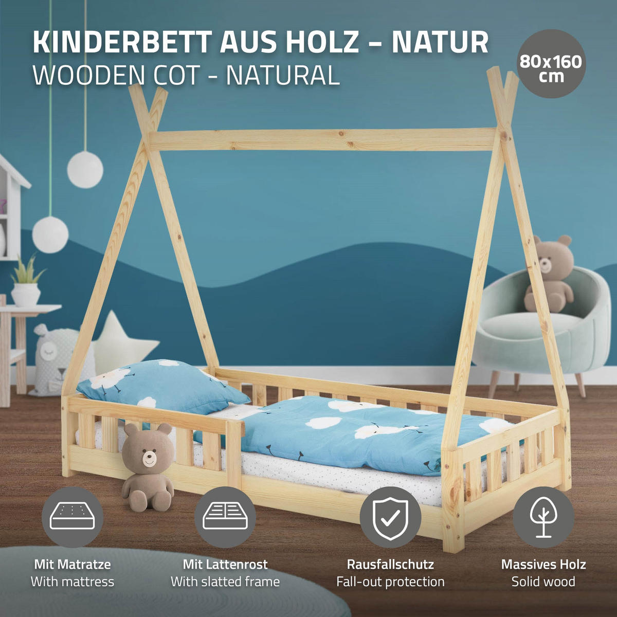 KINDERBETT Tipi mit Matratze 80x160 cm Natur - Naturfarben, Holz (86/150/168cm) - ML-DESIGN