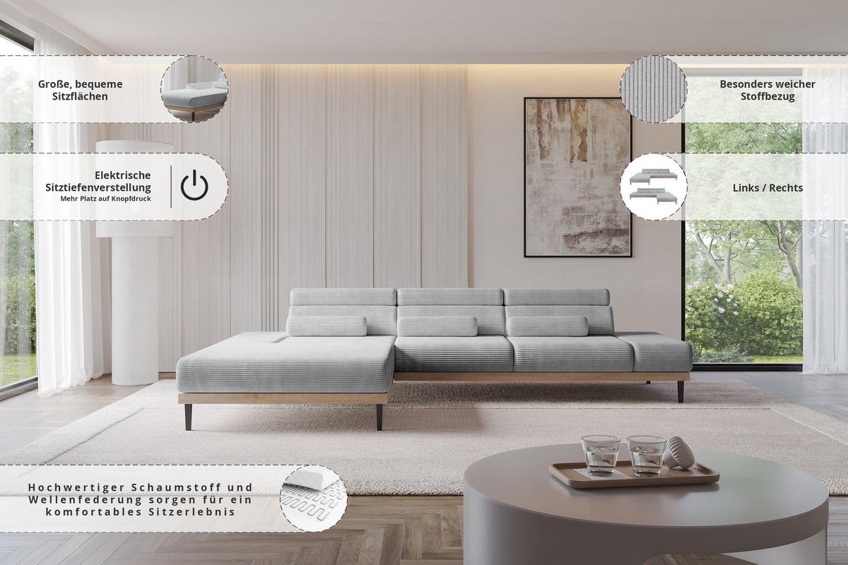 ELEKTRISCHES ECKSOFA Links MONA 316x205x85 Grau Cord - Schieferfarben/Grau, Holzwerkstoff/Textil (316/205cm) - ALTDECOR
