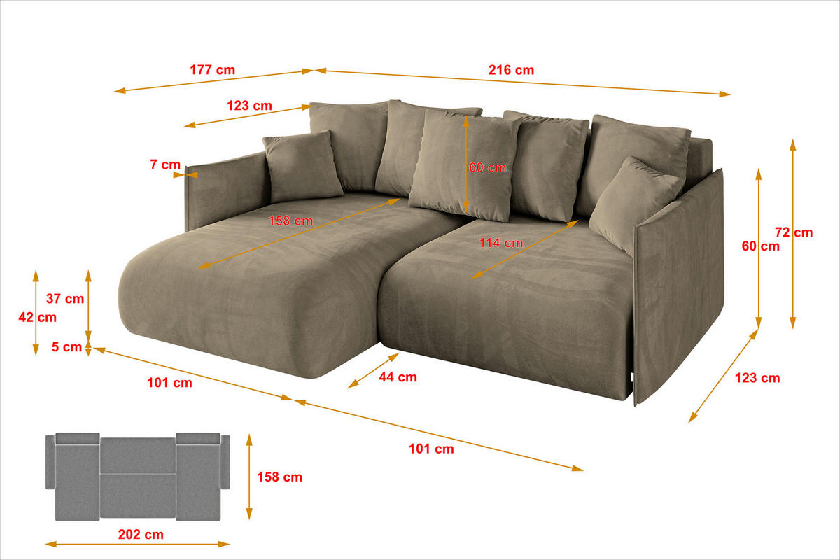 ECKSOFA Ottomane links ONESK-L 216x177x72 Braun Velours - Braun, Holzwerkstoff/Kunststoff (216/177cm) - ALTDECOR