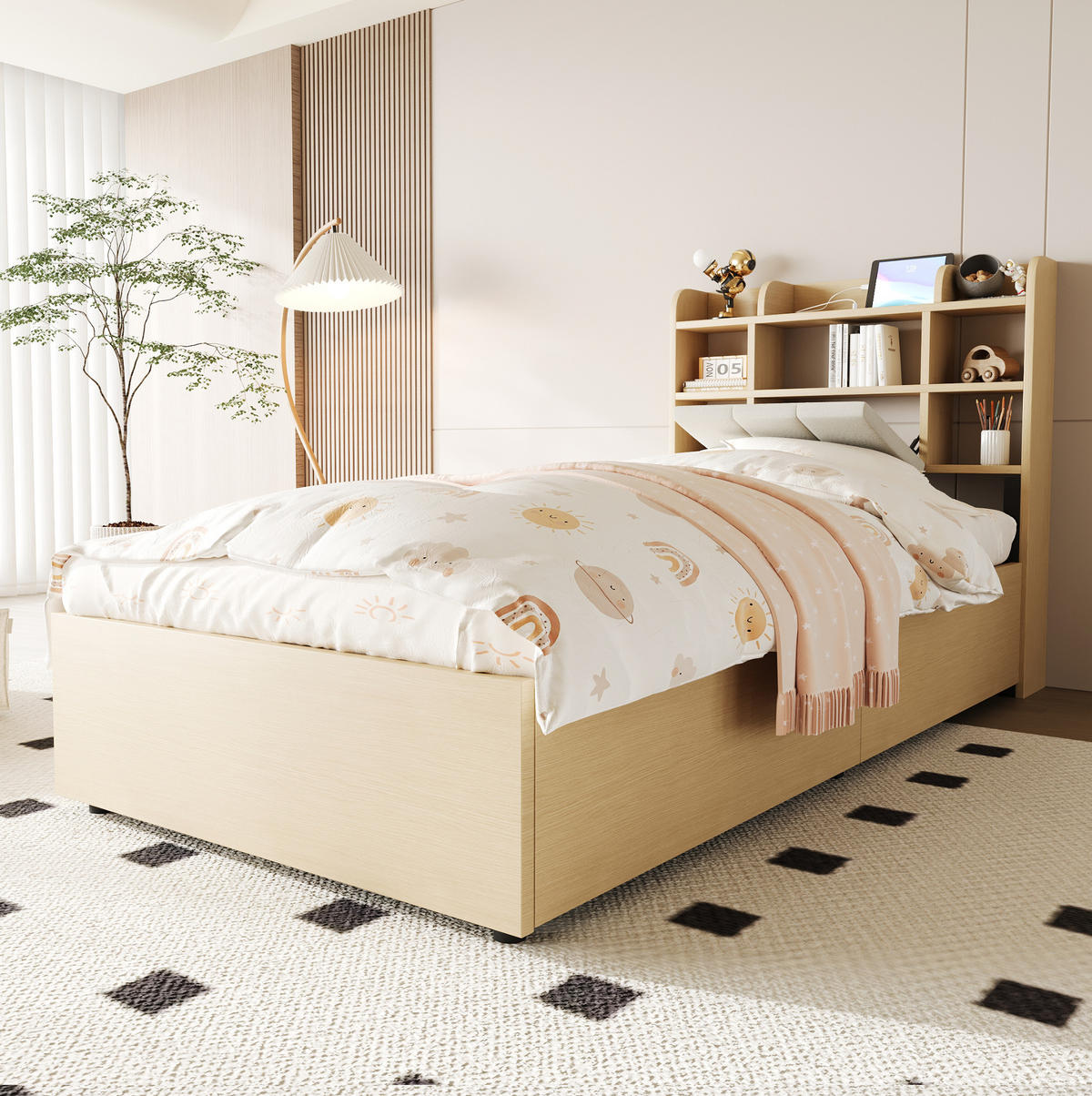 BETT aus MDF 90x200 cm Holzfarbe/Grau mit hydraulischem Stauraum, USB- und Type-C-Anschluss, Kopfteil mit Ablagen - Naturfarben, Holzwerkstoff (90/200cm) - Modfu