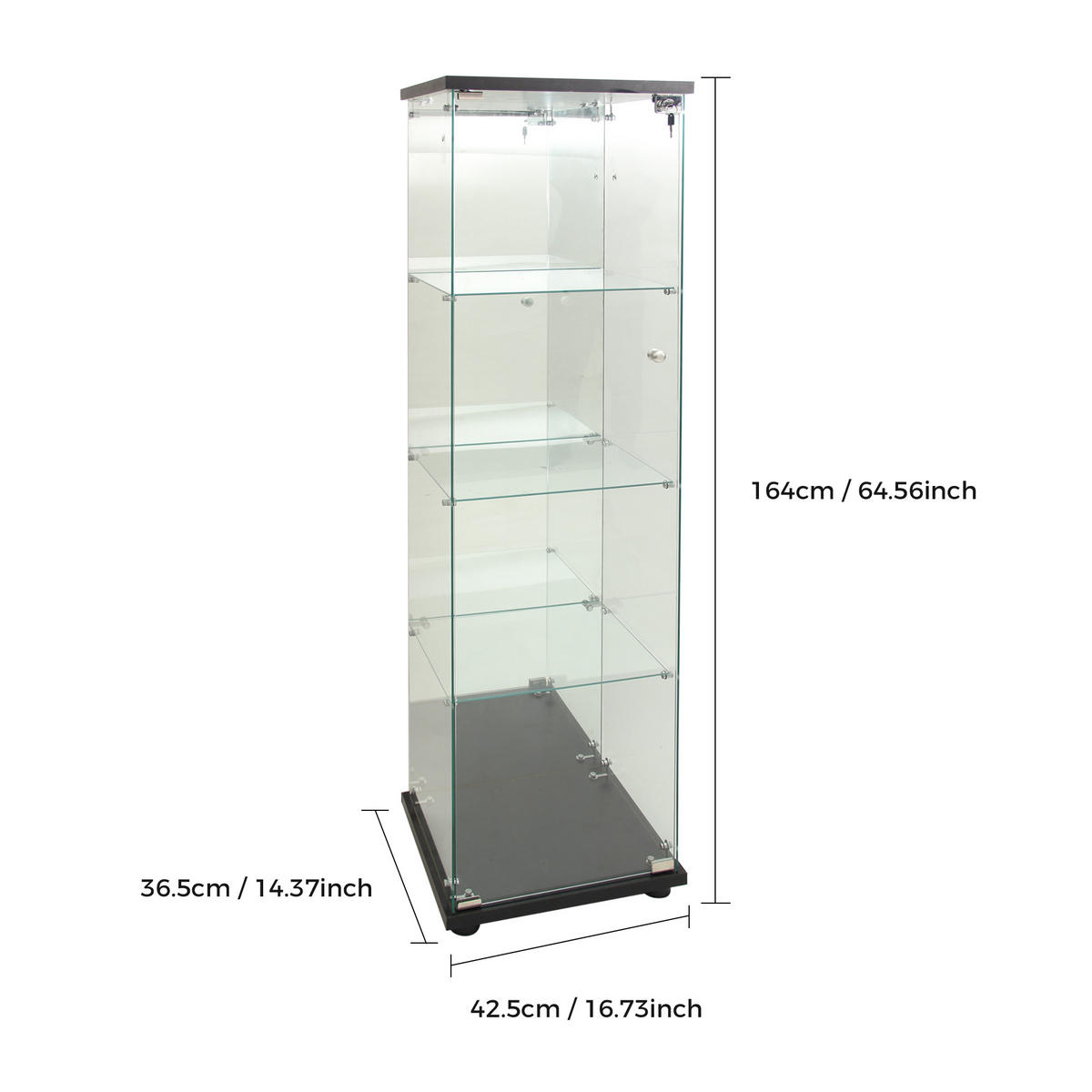 GLASVITRINE mit 4 Einlegeböden, Einzeltür, LED-Beleuchtung und Sicherheitsschloss, Schwarz - Schwarz, Metall (36.5/164/42.5cm) - BRILVERDE