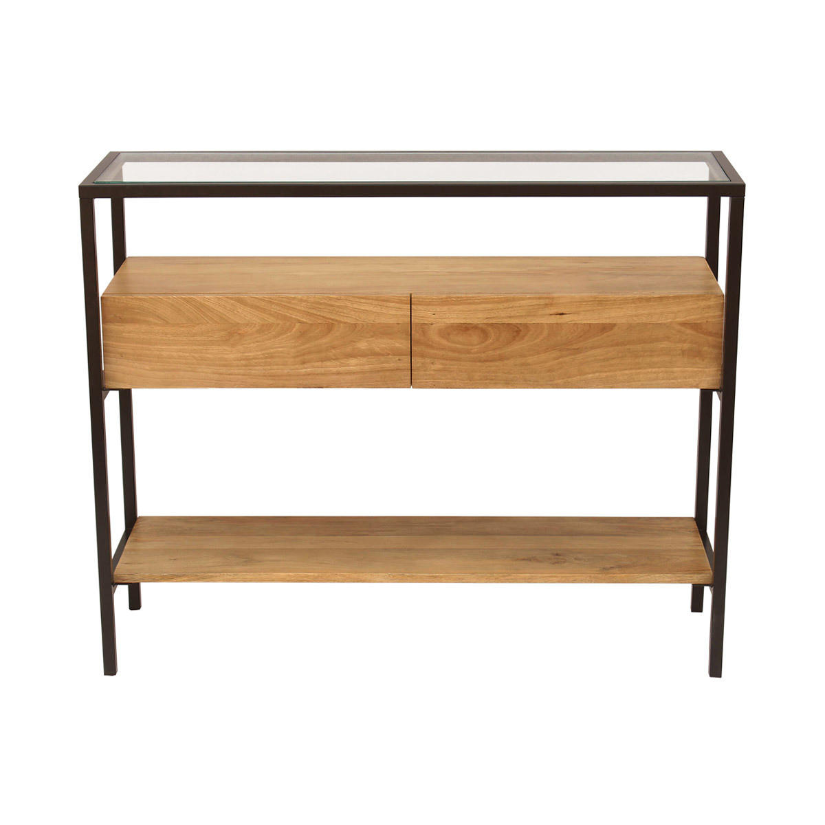 KONSOLE Massiv Mangoholz Glasplatte 2 Schubladen B100 SITA - Eiche Bianco, Holz (100/30/80cm) - Miliboo