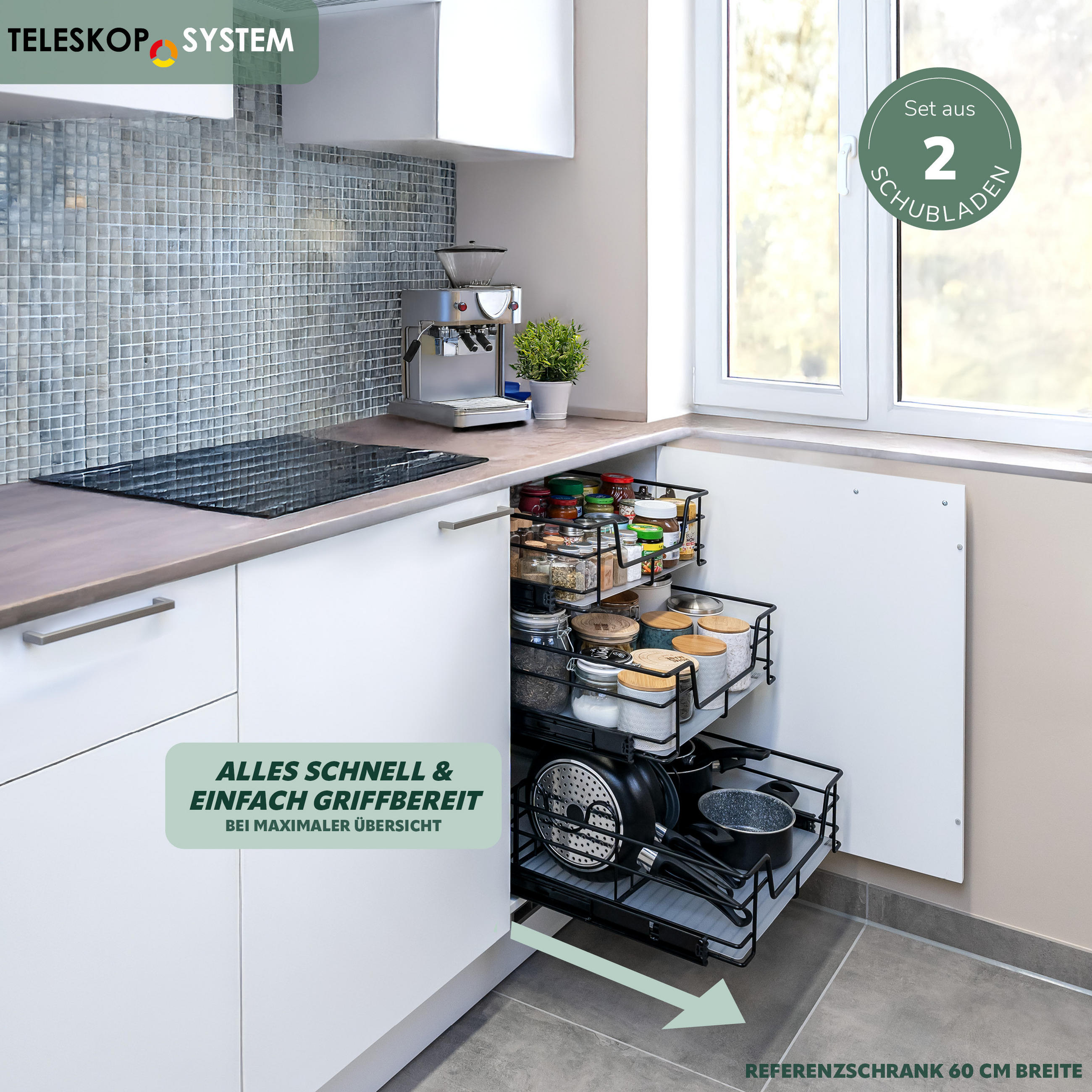 TELESKOPSCHUBLADEN (2er Set), für 50 cm Schrank, Metall, Schwarz - Schwarz, Metall (47/14/44cm) - bremermann