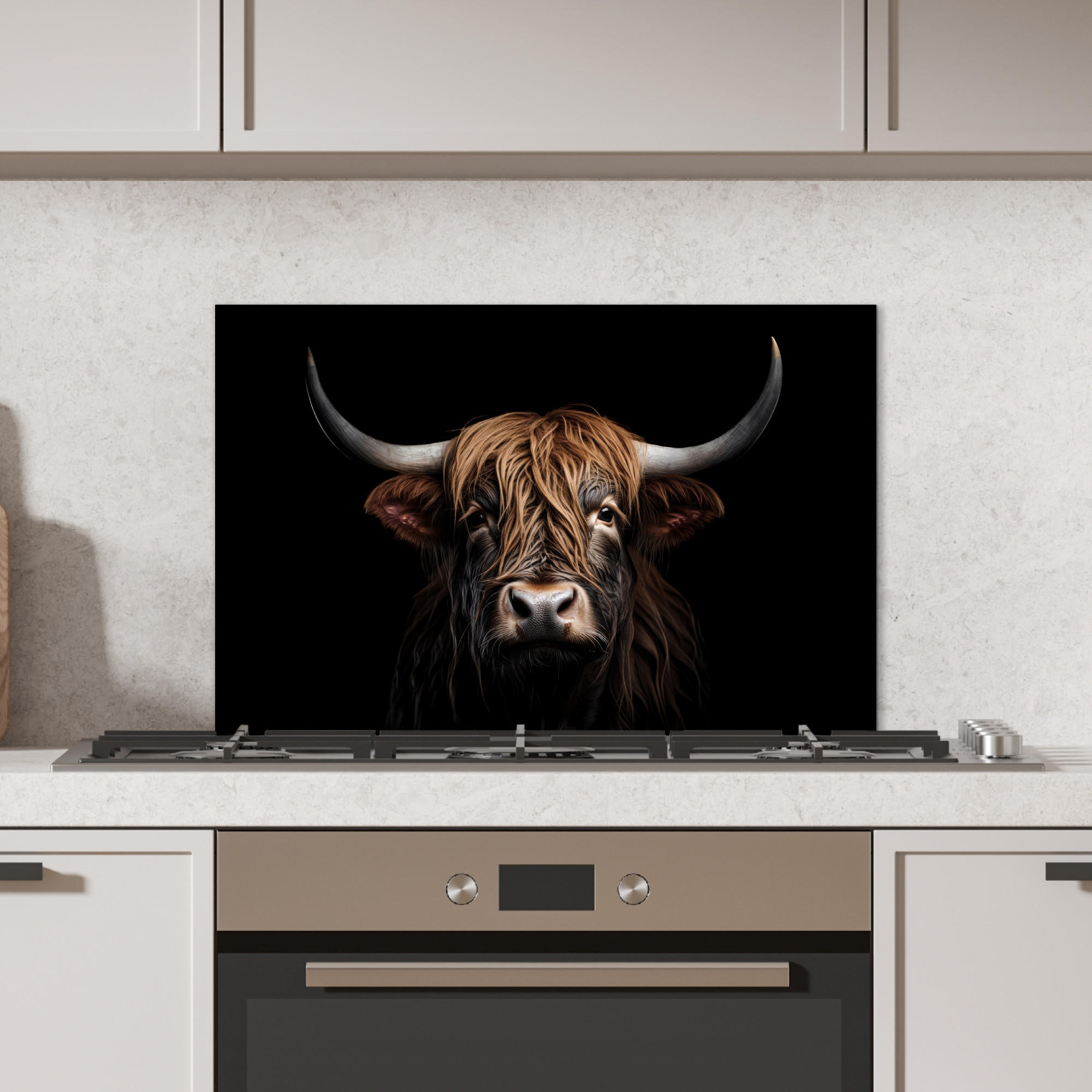 SPRITZSCHUTZ KÜCHE Schottischer Highlander - Porträt - Schwarz - Tier 60x40 cm - Braun, Metall (60/0.3/40cm) - MuchoWow