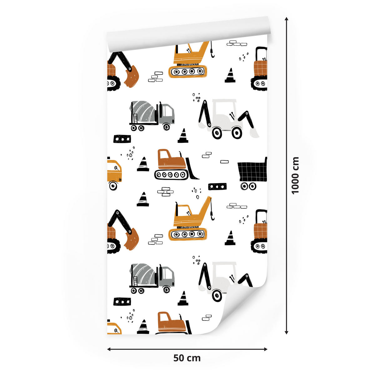 VLIESTAPETE Kräne, Bagger und Baumaschinen – Orange, Schwarz, Weiß – 50x1000 cm - Schwarz/Orange, Papier (50/1000cm) - Muralo