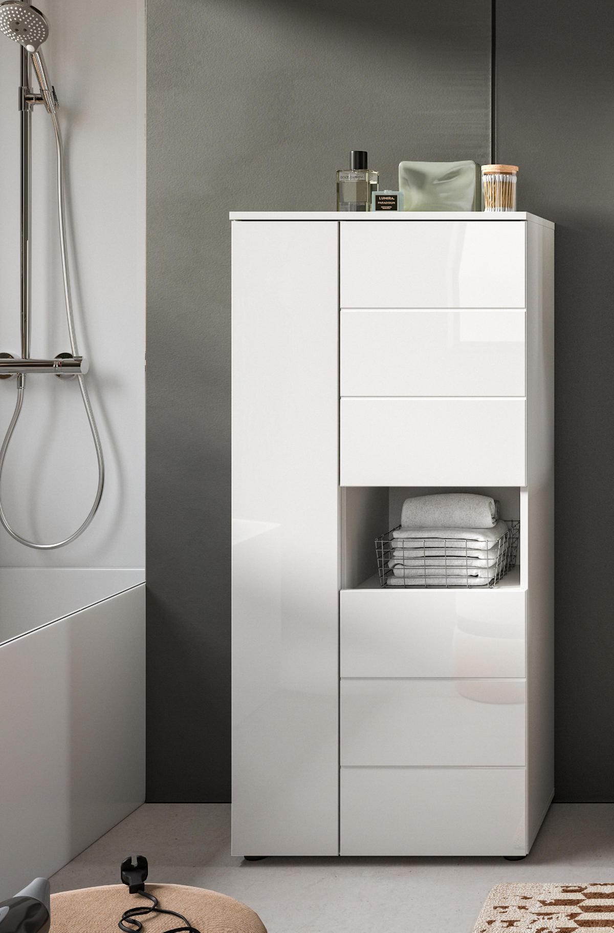 BADSCHRANK weiß Hochglanz 60 x 131 cm, Midischrank mit 9 Fächern - Weiß Hochglanz/Schwarz, Holzwerkstoff/Kunststoff (60/131/34cm) - Inn.Furn