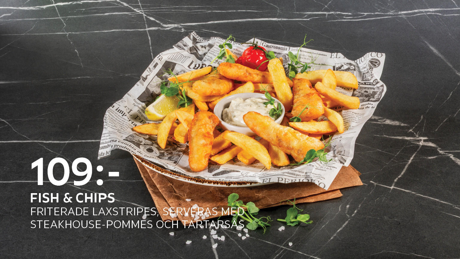 Fish & Chips Friterade laxstripes, serveras med steakhouse-pommes och tartarsås