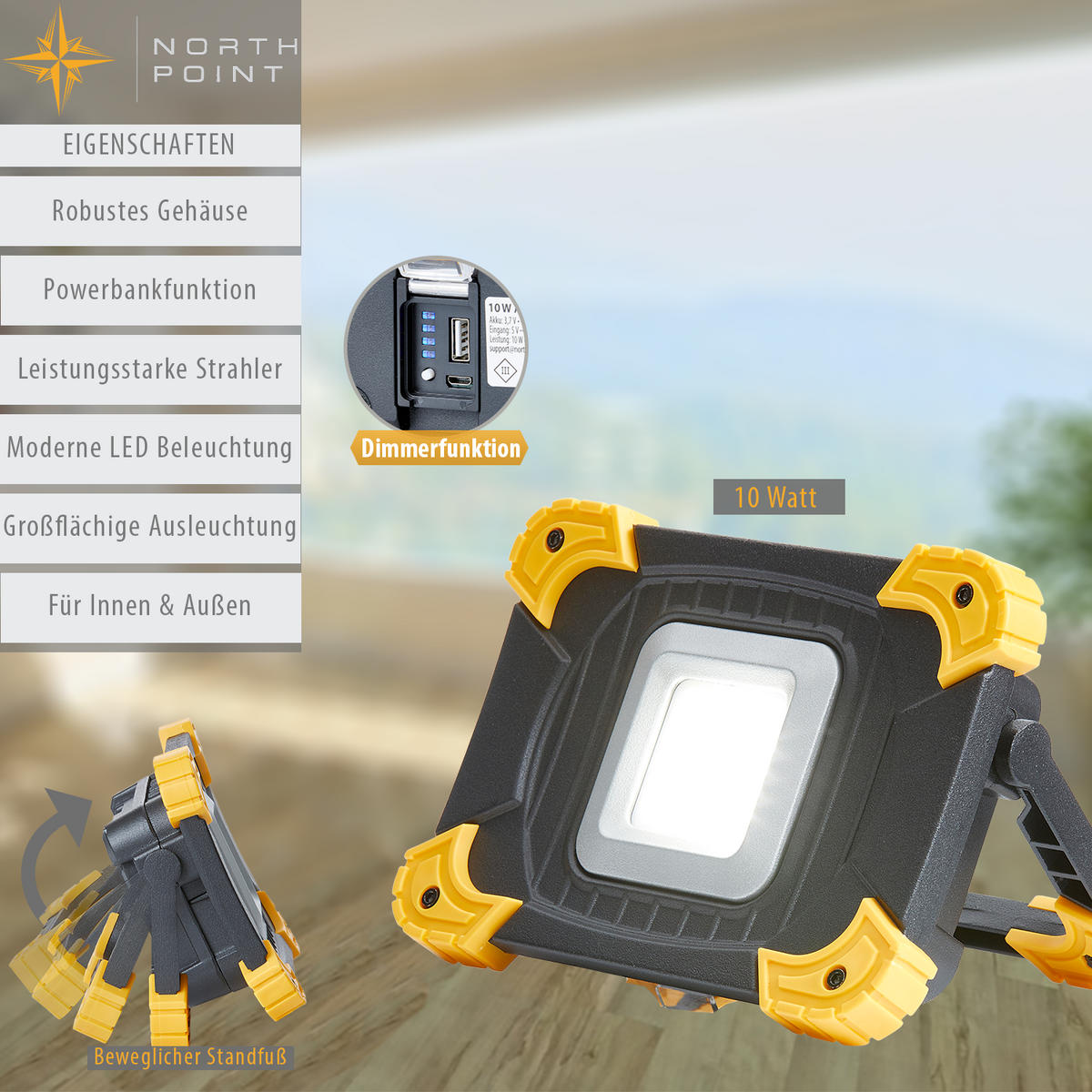 LED-AKKU-BAUSTRAHLER - dimmbar mit 1100 Lumen, IP54 und Powerbankfunktion für Outdoor-Einsatz, 2er-Set - Schwarz, Kunststoff (4.7/16/11.5cm) - Northpoint