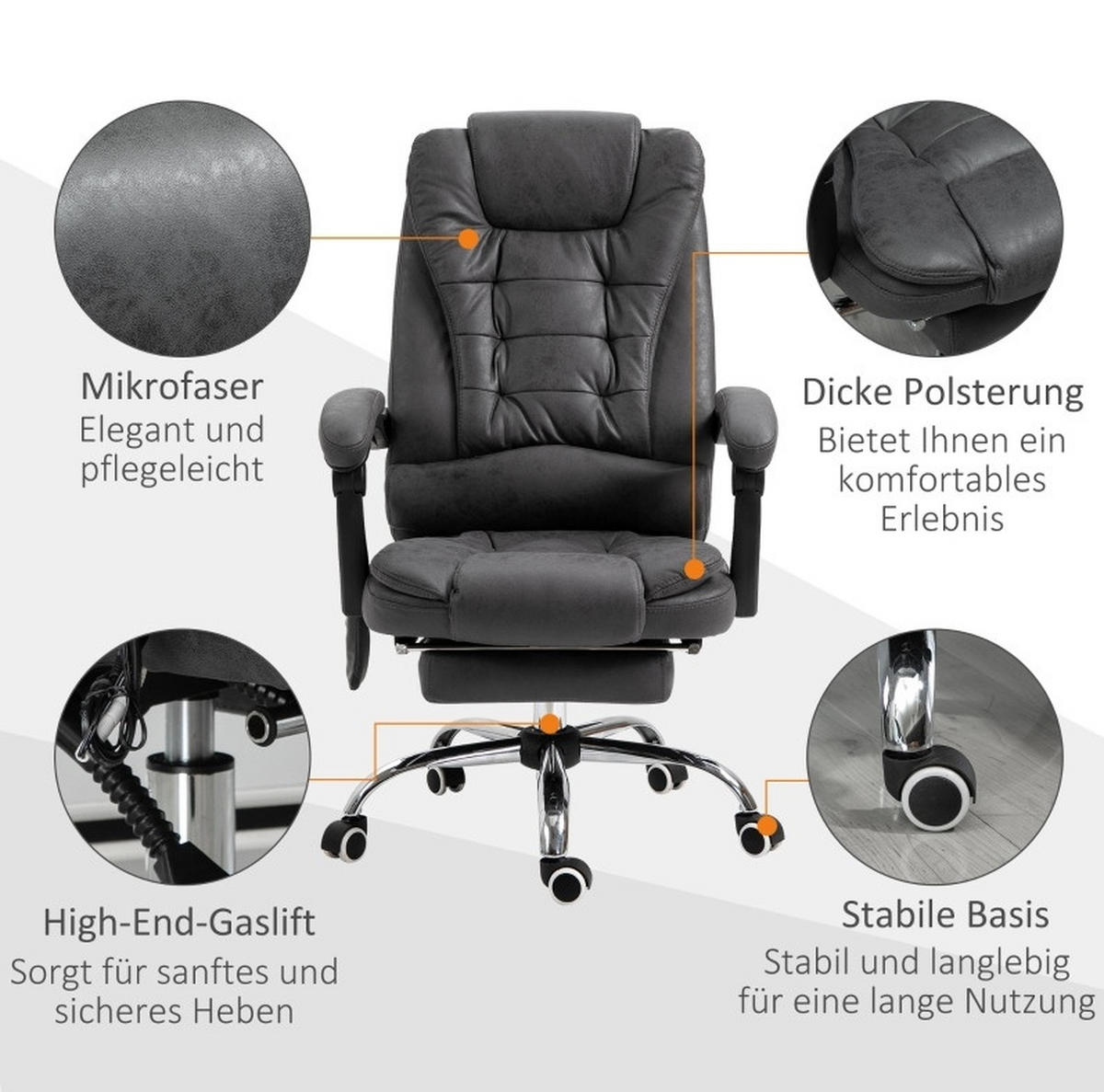 BÜROSTUHL in Dunkelgrau 70x65x119 cm mit Massage- und Heizfunktion sowie Fußstütze - Dunkelgrau, Textil (65/119/70cm) - IVMEU