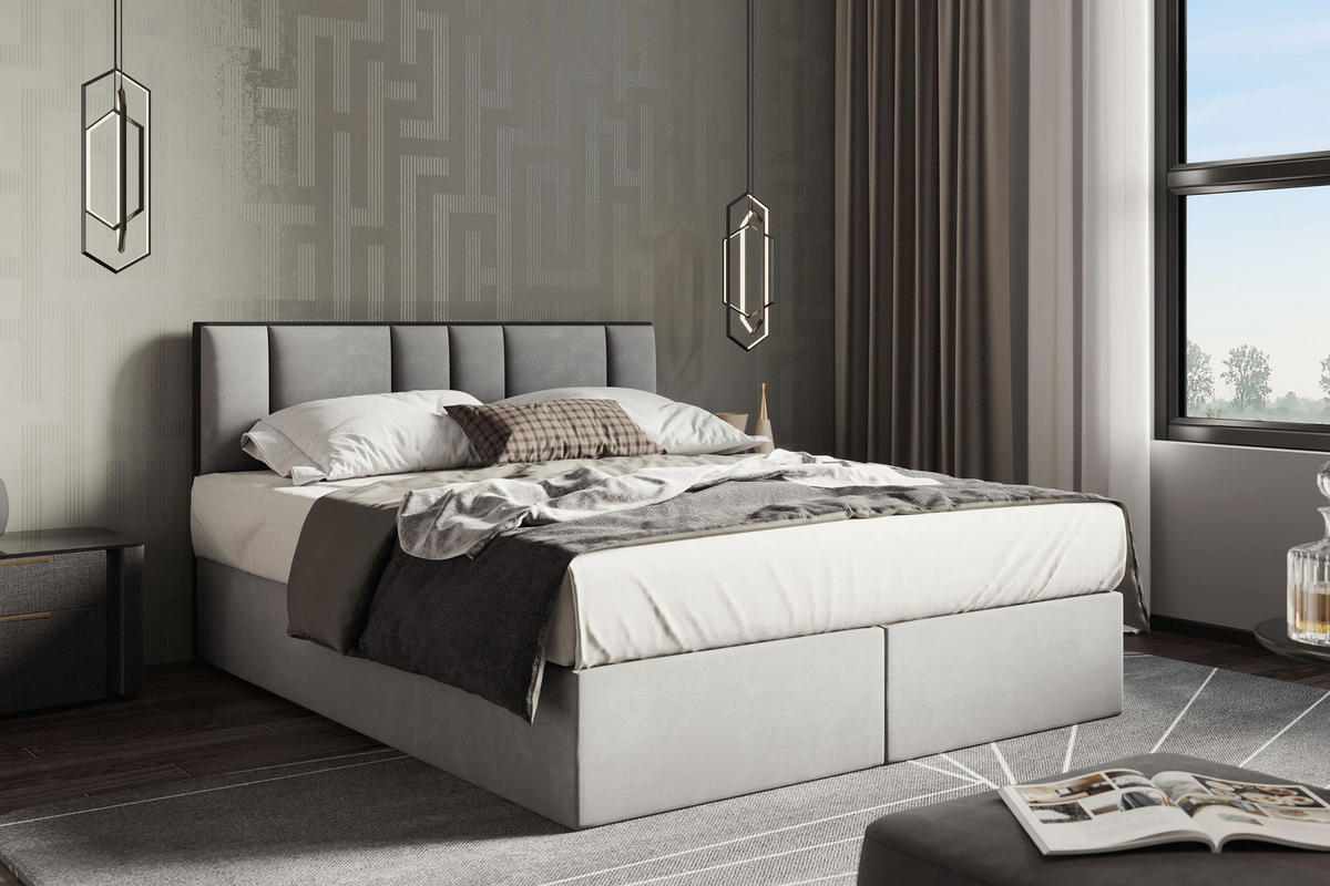 BOXBETT 200 x 200 cm mit H3 Taschenmatratze TRAPANI, Topper 5 cm und Bettkasten, Grau - Grau, Holz/Textil (200/200cm) - Trada