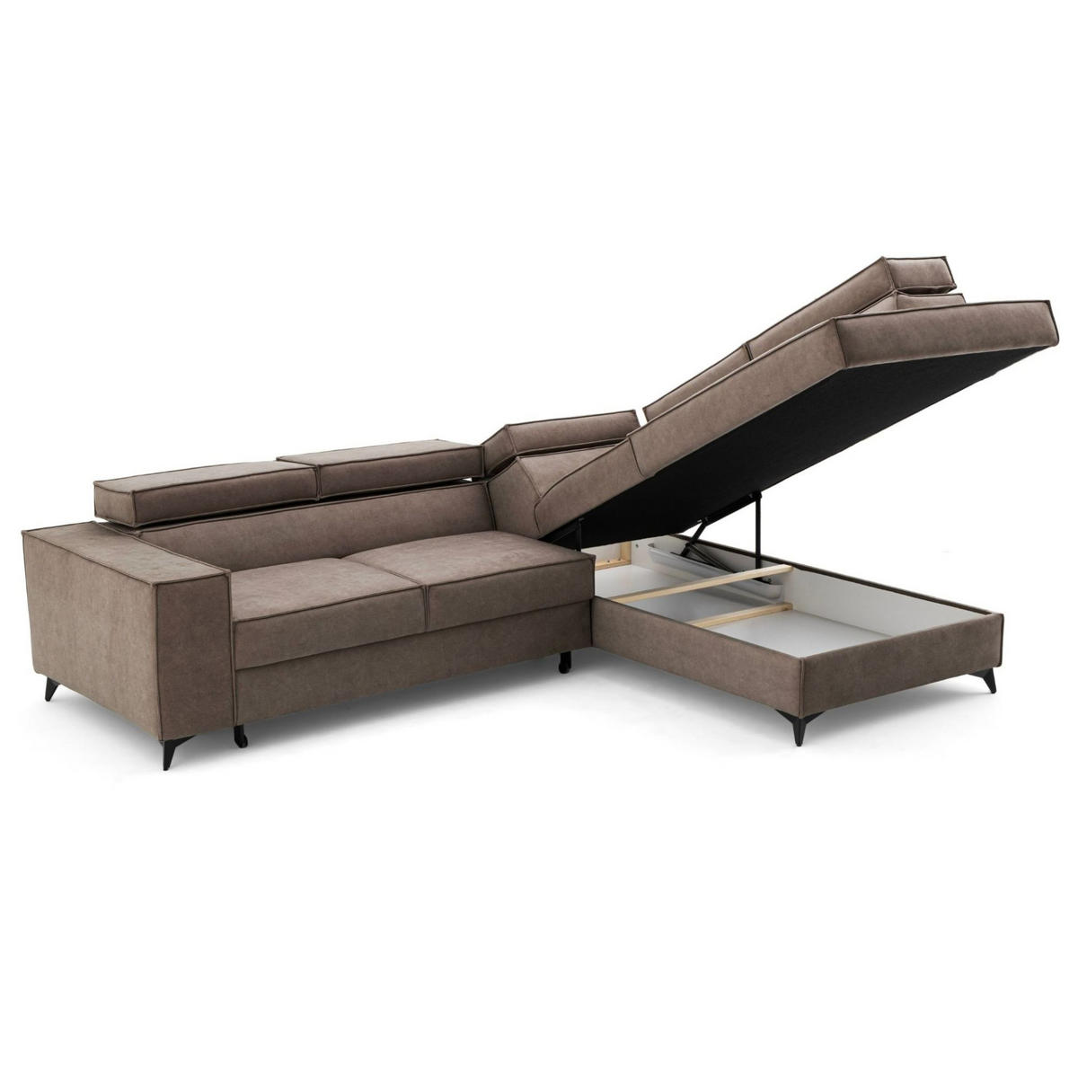ECKSOFA PURE L Rechts mit Schlaffunktion 127x199 Velours Beige - Beige/Schwarz, Holz/Textil (204/281cm) - Muffo