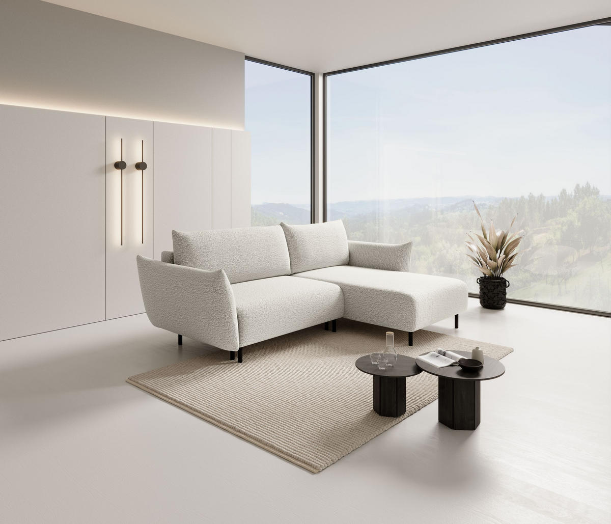 ECKSOFA UNO Creme Plüsch-Stoff mit Schlaffunktion - Creme, Holz (257/171cm) - MASSENO