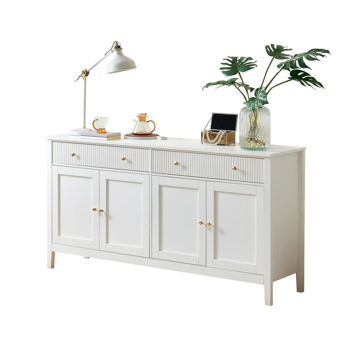 SIDEBOARD mit zwei Schubladen und vier Türen, goldene Griffe - Weiß - Weiß, Holz (39/82/160cm) - KOMHTOM