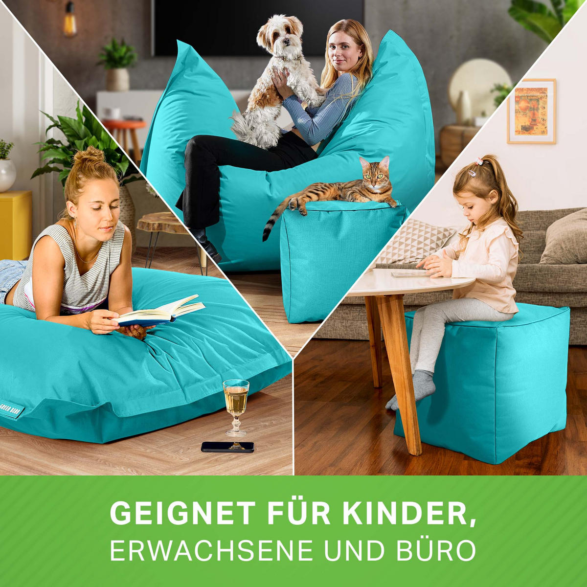 XXL-SITZSACK + Pouf 2er Set - 140x180cm - Türkis, Textil (140/25/180cm) - Green Bean