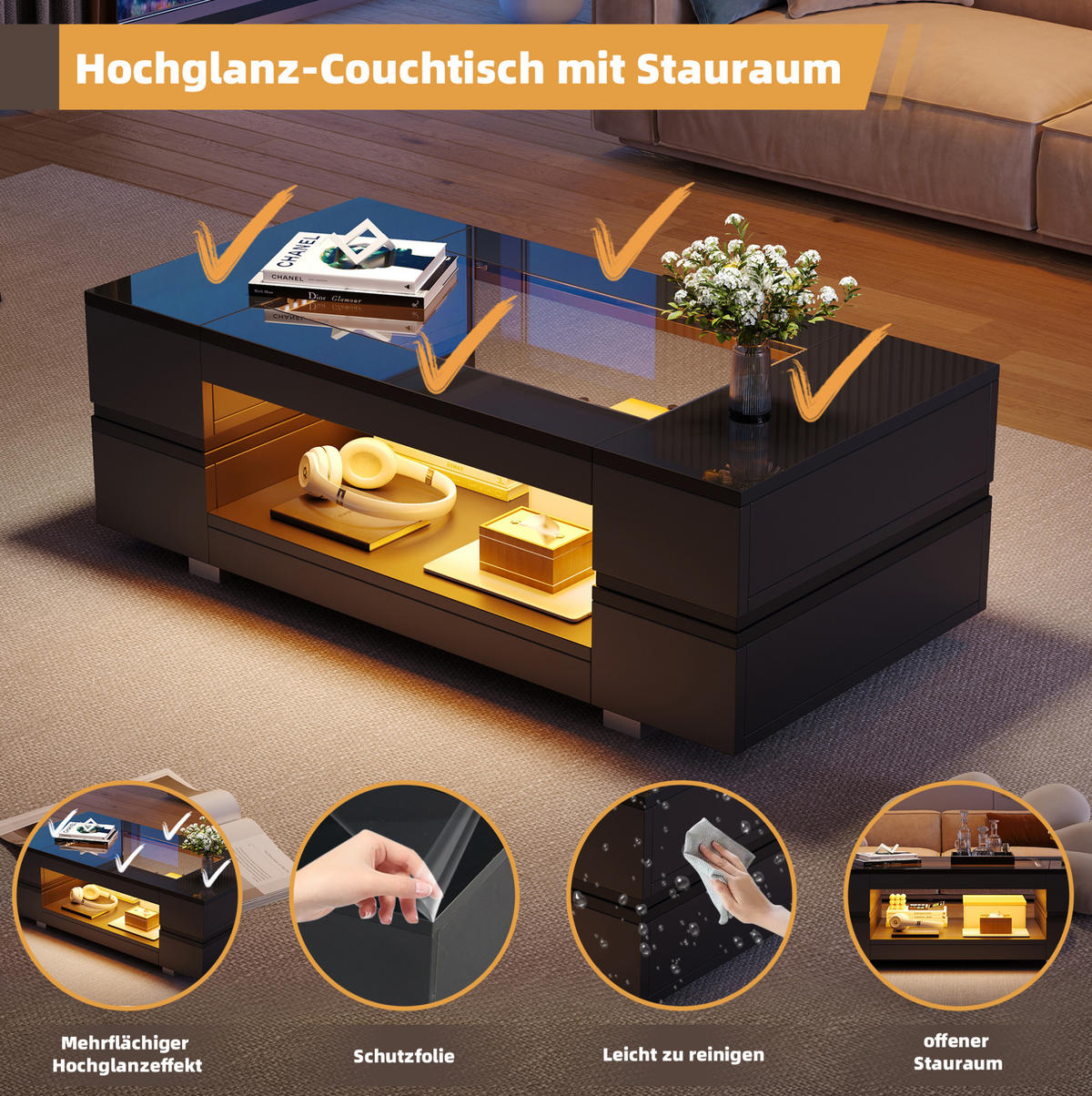 COUCHTISCH 100/50/35 cm schwarz aus Spanplatte und Sicherheitsglas mit LED - Schwarz, Holzwerkstoff (100/50/35cm) - OKMYHOME