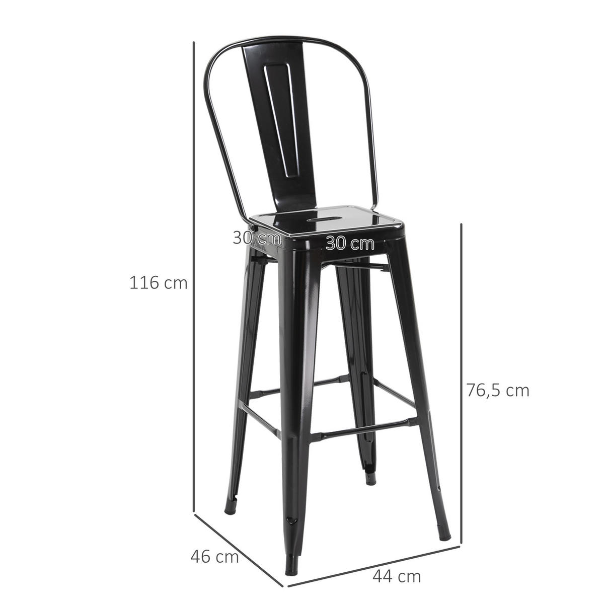 BARHOCKER 4er-Set DE-14681 mit Rückenlehne & Fußstütze Schwarz - Schwarz, Metall (49/116/44cm) - ComfortXL