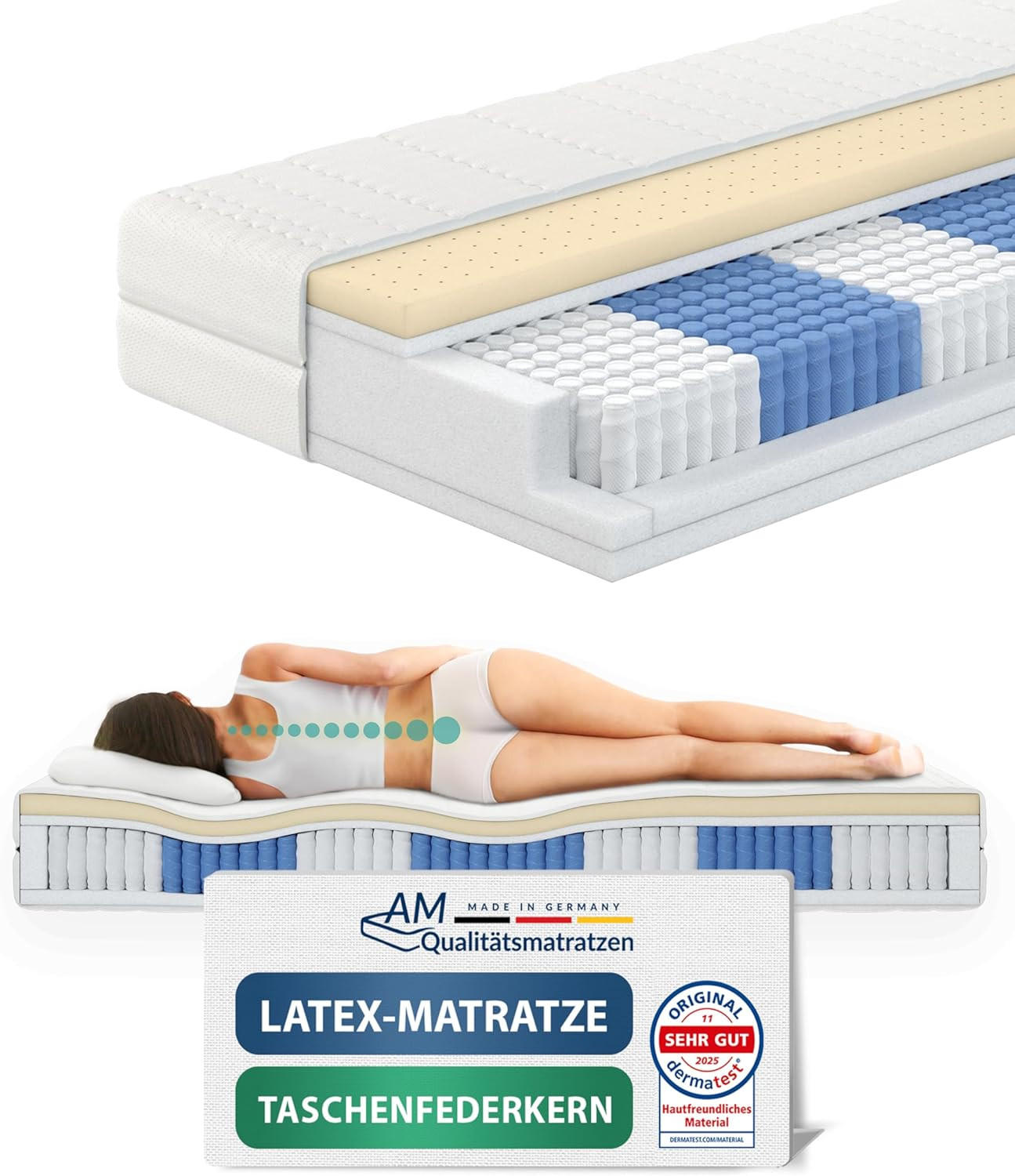 AM Qualitätsmatratzen LATEXOVÁ matrace s taštičkovými pružinami, 1000 pružin, 100/200 cm, H3 - výška 24 cm a potah Tencel