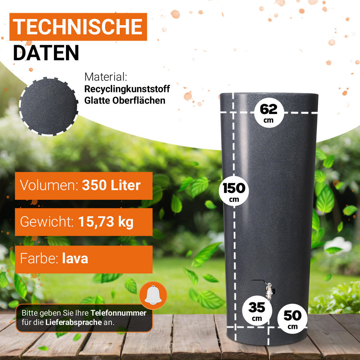 2IN1 Regentonne Komplett-Set 350 L, lava inkl. Chrom-Doppelauslaufhahn und Fallrohranschluss - Grau, Kunststoff (62/150/80cm) - GARANTIA