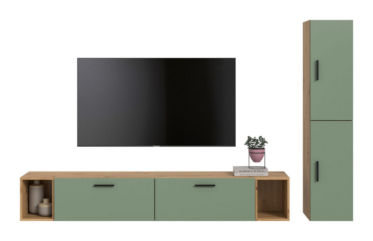 WOHNKOMBINATION THE ONE (B/H/T: ca. 259/182/34 cm) in Artisan Oak Nachbildung/Smoke Green - Eiche Artisan, Holzwerkstoff (259/182/34cm)
