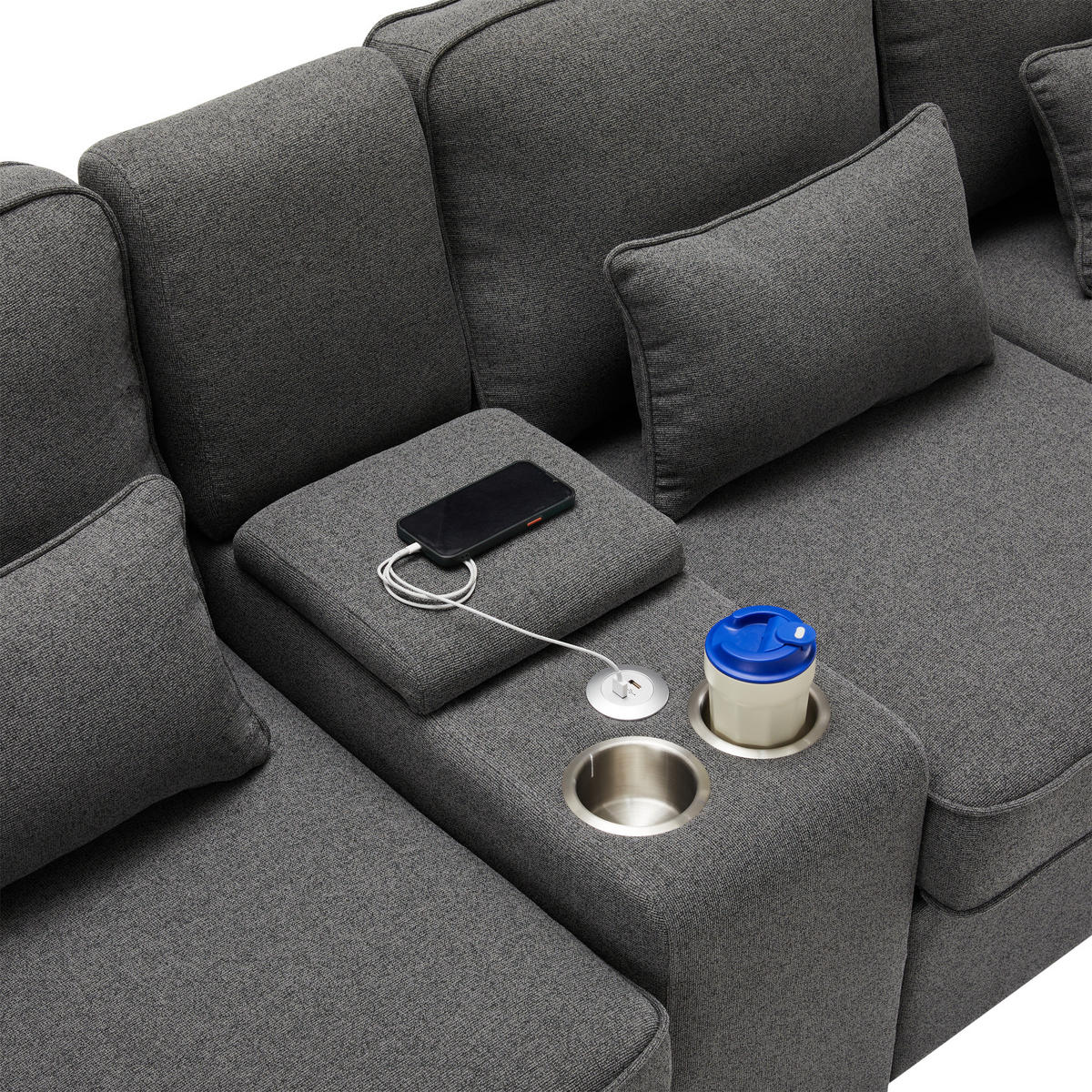 4-SITZER Sofa 290x83x88 mit Konsole, USB, Leinen, dunkelgrau - Dunkelgrau, Textil (83/88/290cm) - Luhomfu