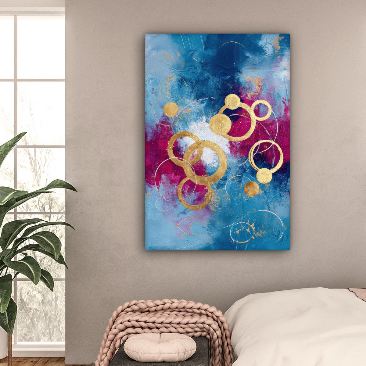 LEINWANDBILD Kreise - Gold - Abstrakt Deko Groß 90x140 cm - Blau, Textil (90/140cm) - MuchoWow