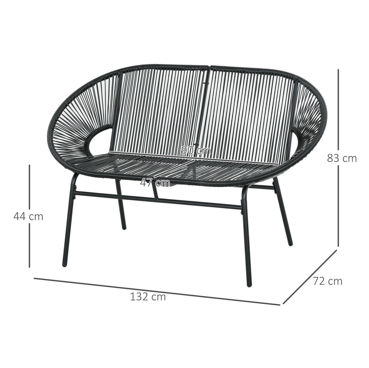 GARTENBANK aus PE-Rattan 132x72x83 cm Schwarz mit hoher Rückenlehne und Stahlrahmen - Schwarz, Kunststoff (132/83/72cm) - Modfu
