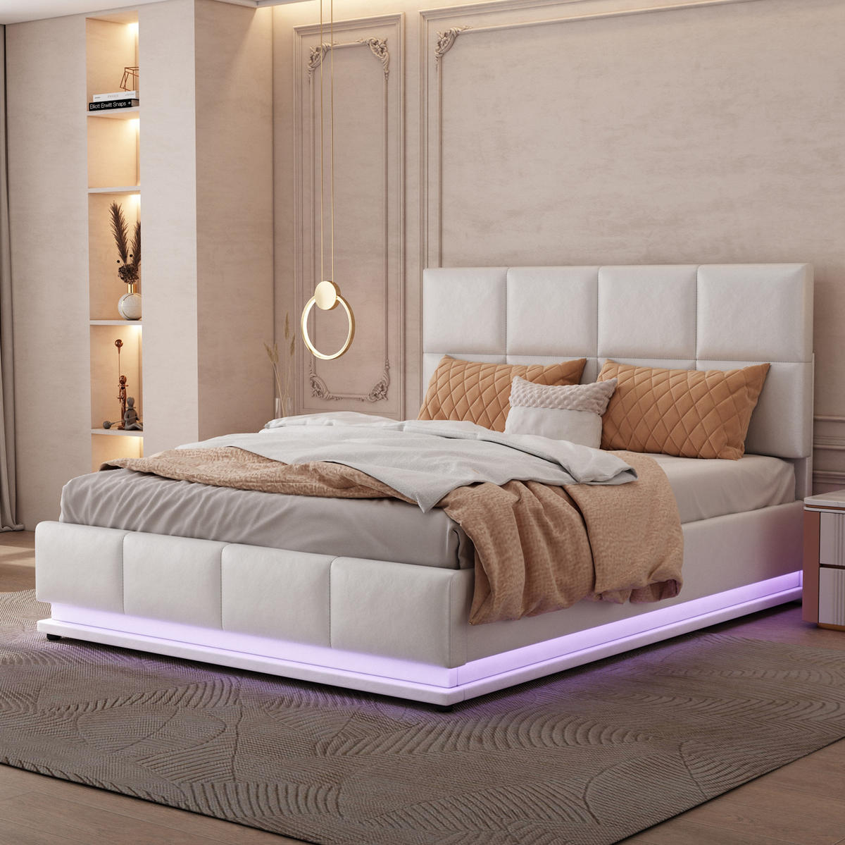 POLSTERBETT 140/200 cm mit LED-Beleuchtung, hydraulischem Bettkasten und Lattenrost, Kunstleder, Weiß - Weiß, Textil (140/200cm) - Redom