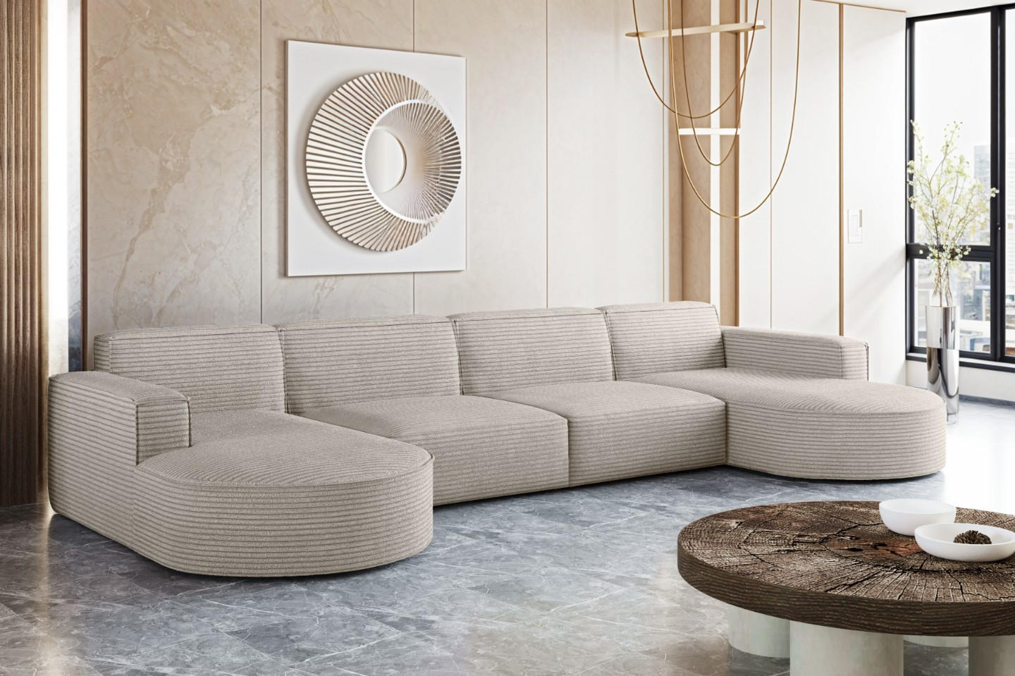 ECKSOFA U-Form XL Designer MODENA stoff Dicker Cord Poso Ecru - Ecru, Holz (165/382cm) - Kaiser Möbel