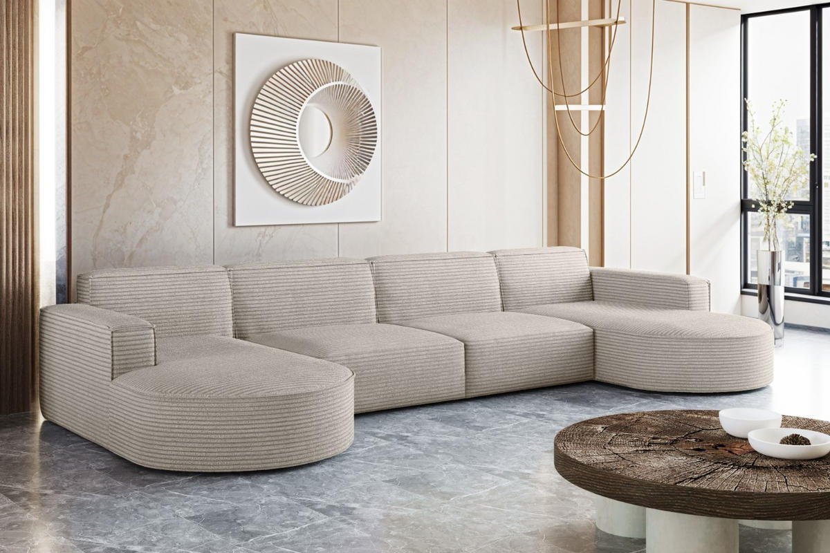 ECKSOFA U-Form XL Designer MODENA stoff Dicker Cord Poso Ecru - Ecru, Holz (165/382cm) - Kaiser Möbel