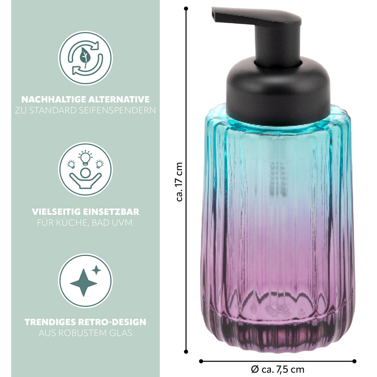 SEIFENSPENDER, blau - Multicolor, Glas (7.5/17/7.5cm) - bremermann