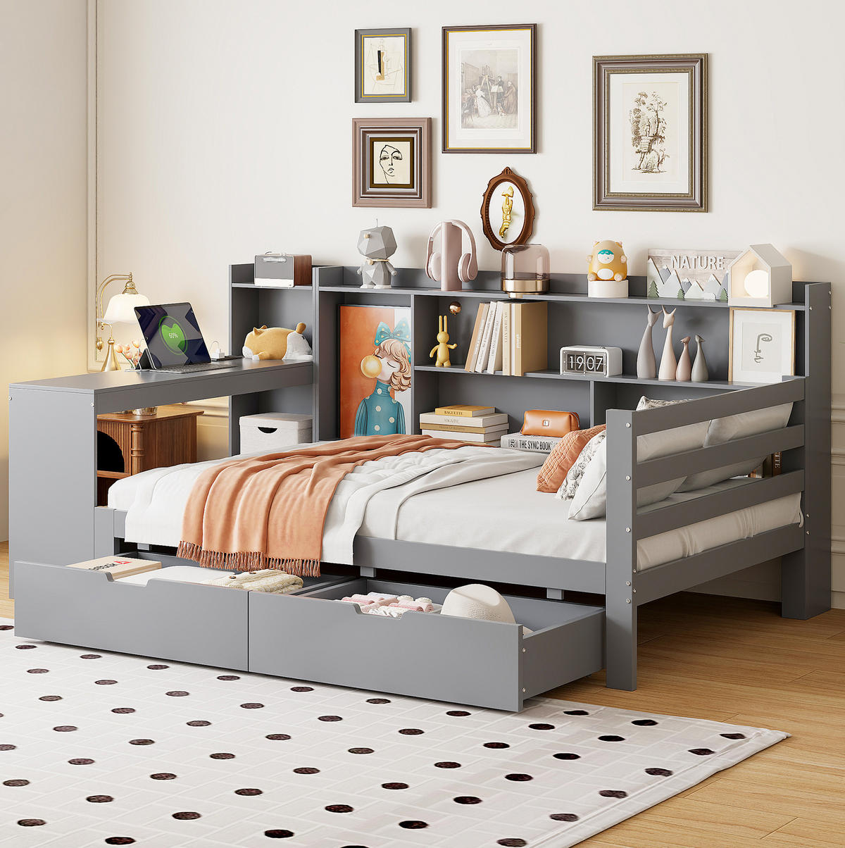 BETT 90/200 cm aus Massivholz in Grau – mit Schreibtisch, Regalen und 2 Schubladen - Grau, Holz (90/200cm) - BEAOK