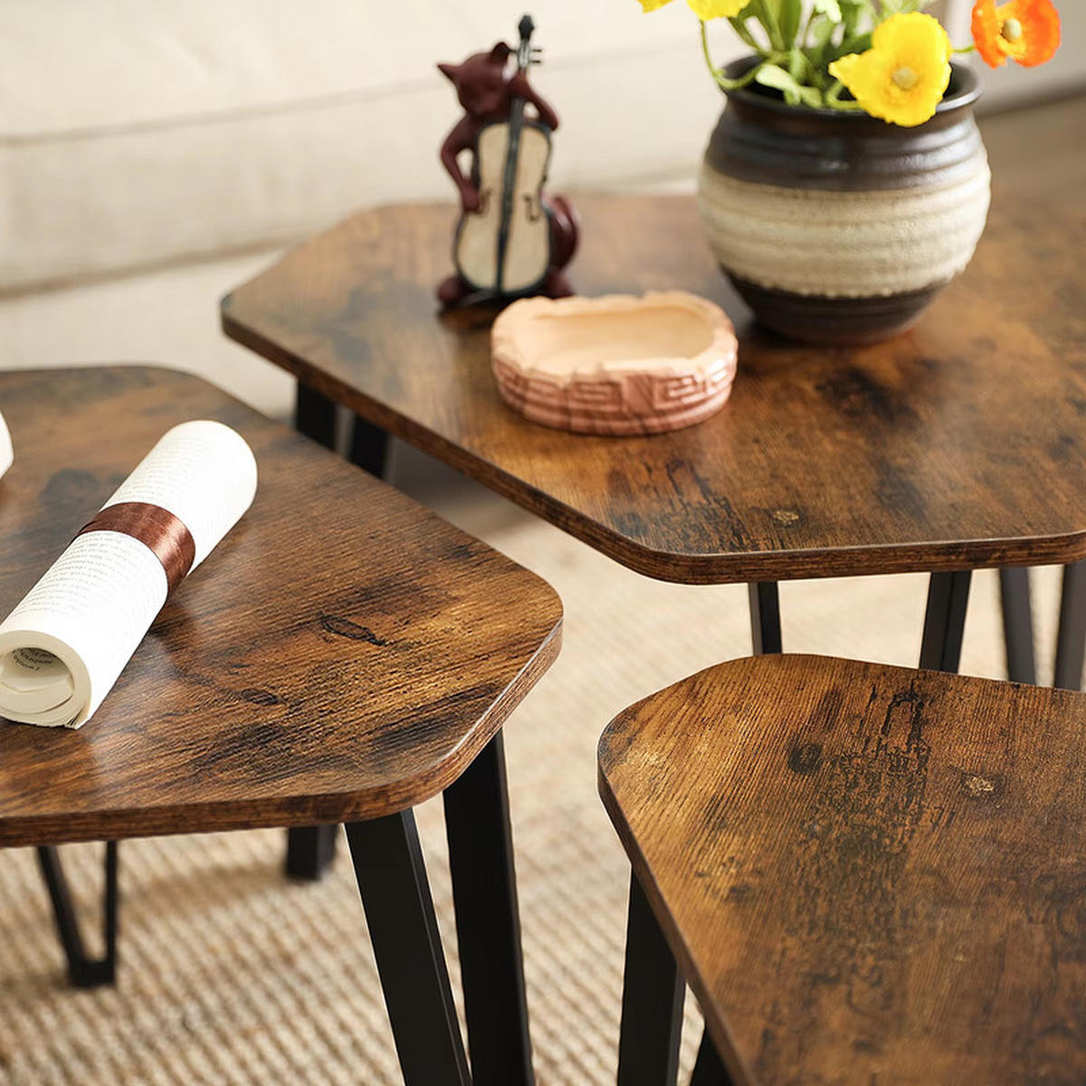 COUCHTISCH 3er Set Beistelltisch Metallgestell modern platzsparend - Braun, Holz (39.6/39.6/40cm) - Kaket