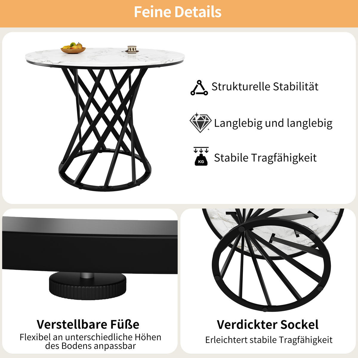 ESSTISCH 80/76/80 cm Schwarz/Weiß aus MDF und Metall mit verstellbaren Füßen - Schwarz, Holzwerkstoff (80/80/76cm) - OKMYHOME