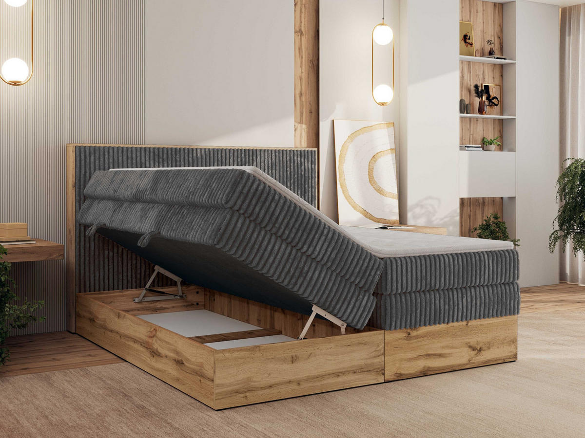 BOXBETT WOOD CLASSIC KING 180/200 - Grau Cord - H3 - Grau, Textil (180/200cm) - MKS