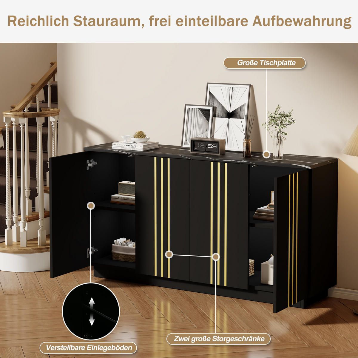 SIDEBOARD Schwarz Gold 4 Türen 140cm verstellbar Modern Schrank - Schwarz, Holzwerkstoff (35/70/140cm) - FLIEKS