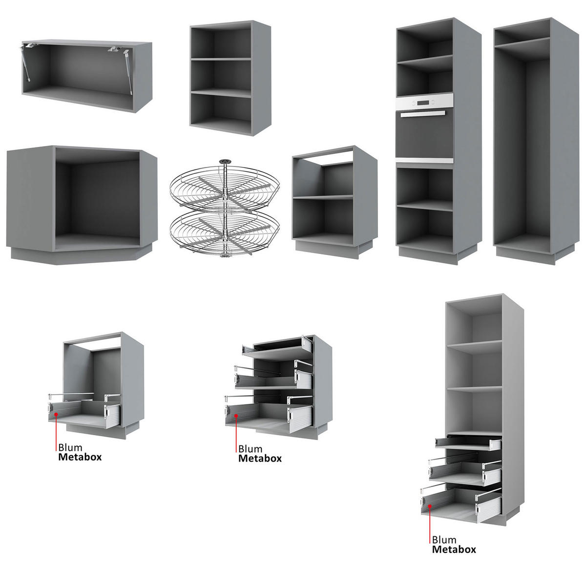 KÜCHENZEILE Casella 15-teilig Lava / Casella Eiche Natur hell - Hellbraun/Dunkelgrau, Holzwerkstoff/Metall (360/207/270cm) - Feldmann-Wohnen