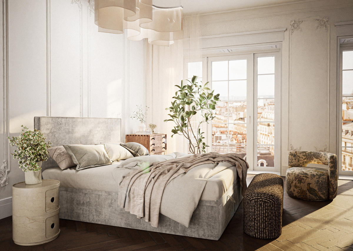 BOXBETT 140/200 cm Tegal, in Beige, Matratze, gepolstertes Kopfteil, Bettkasten, H3 = fest - Beige/Schwarz, Holz/Holzwerkstoff (140/200cm) - Maison de Reve