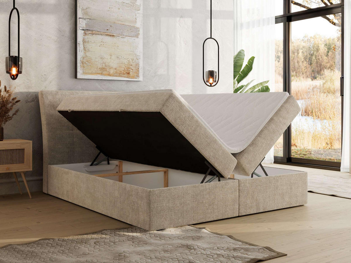 BOXBETT DAGOS 120/200 - Beige Schenille grob gewebt - H3 - Topper Visco - Beige, Textil (120/200cm) - MKS